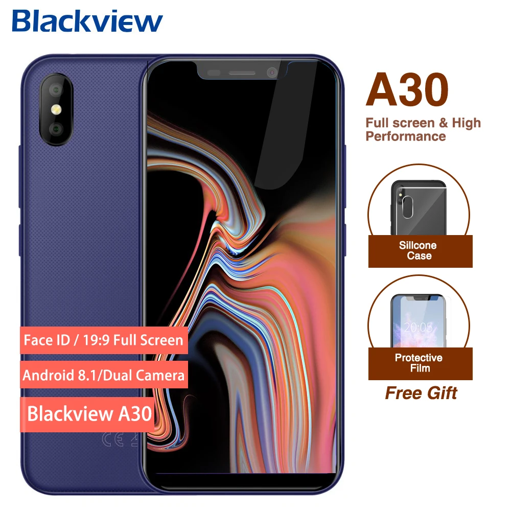 

Blackview A30 Smartphone 5.5inch 19:9 Full Screen 2GB RAM 16GB ROM Quad Core MT6530A 8MP Android 8.1 Dual SIM 3G Mobile Phone