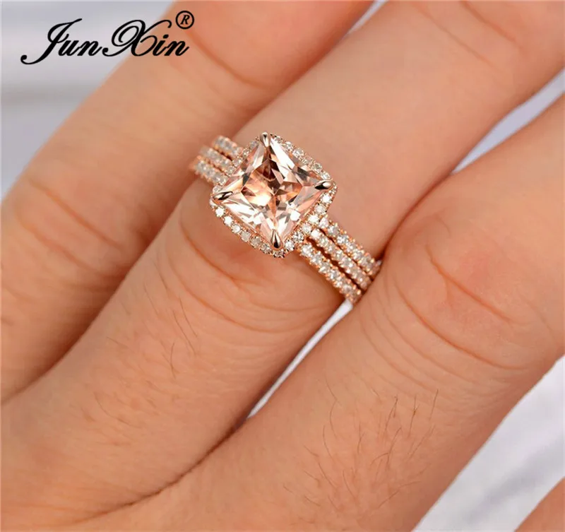 JUNXIN винтажные Женские квадратные кольца с кристаллами комплект из розового золота цвет шампанского Циркон Камень укладка Свадебные трехцветные кольца для женщин