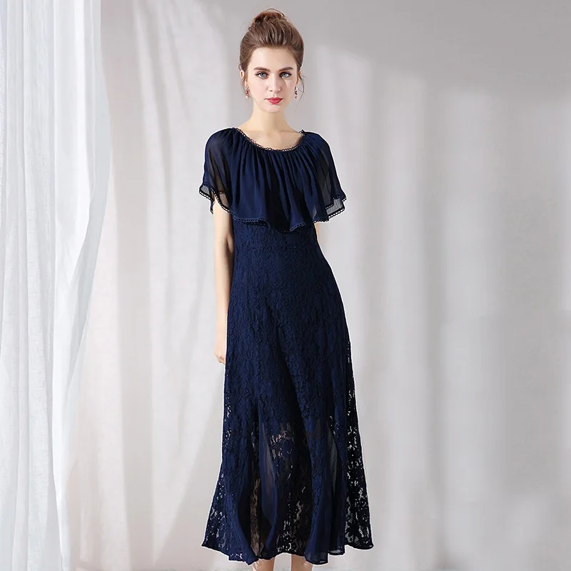 

New2018Summer Fashion Ladies Elegant Lace Long Dress cultivating beautiful party dress plus size longos vestidos tunic L-XXXXXL