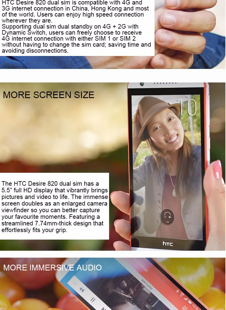 htc Desire 820 с одной sim-картой/мобильный телефон с двумя sim-картами, четыре ядра, 5,5 дюймов, Qualcomm, Android 4,4, 13 МП ram, 2 Гб rom, 16 ГБ, отремонтированный