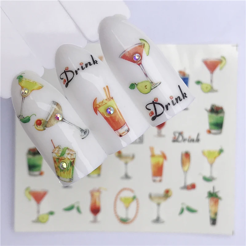 

FWC 1 Sheet Fruit Design Nail Art Sticker Water Transfer Decals Summer DrinkTattoos Slider Color Tips Decoration