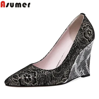 

ASUMER 2020 new pumps shoes women pointed toe shallow prom wedding shoes genuine leather shoes high heels wedges shoes