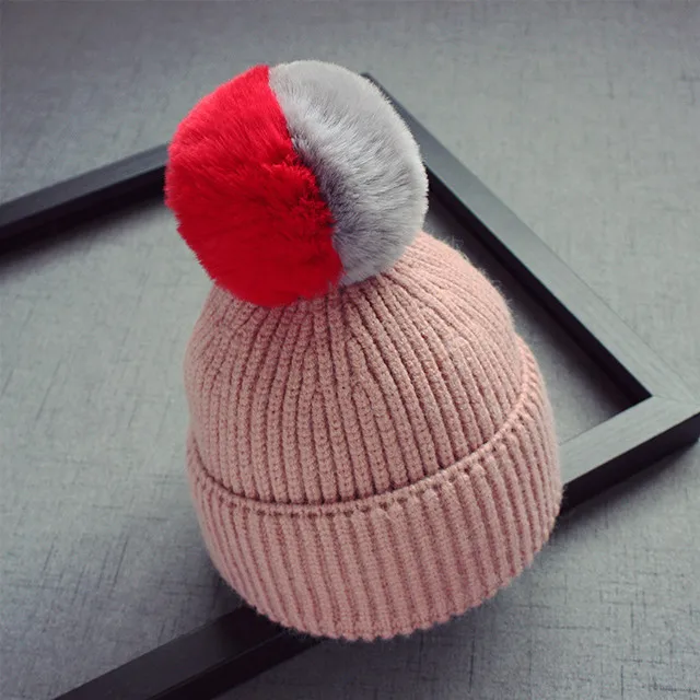 Шапочки Skullies для детей, меховые Шаровые Зимние шапки, Детские шапочки с помпонами для мальчиков и девочек, шапочки для детей, шапка с помпоном - Цвет: pink colour