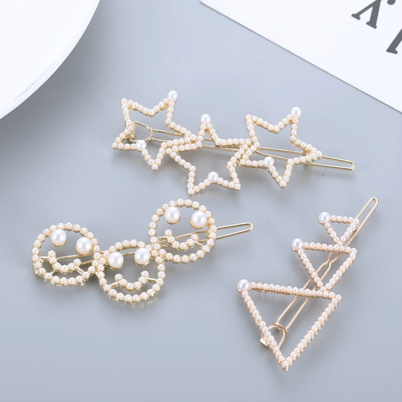 

Korea Hollow Simulation Pearl Hairpin Spring Clip Side Clip Girl Simple Word Clip Back Head Accesorios Boda Hair Accessories