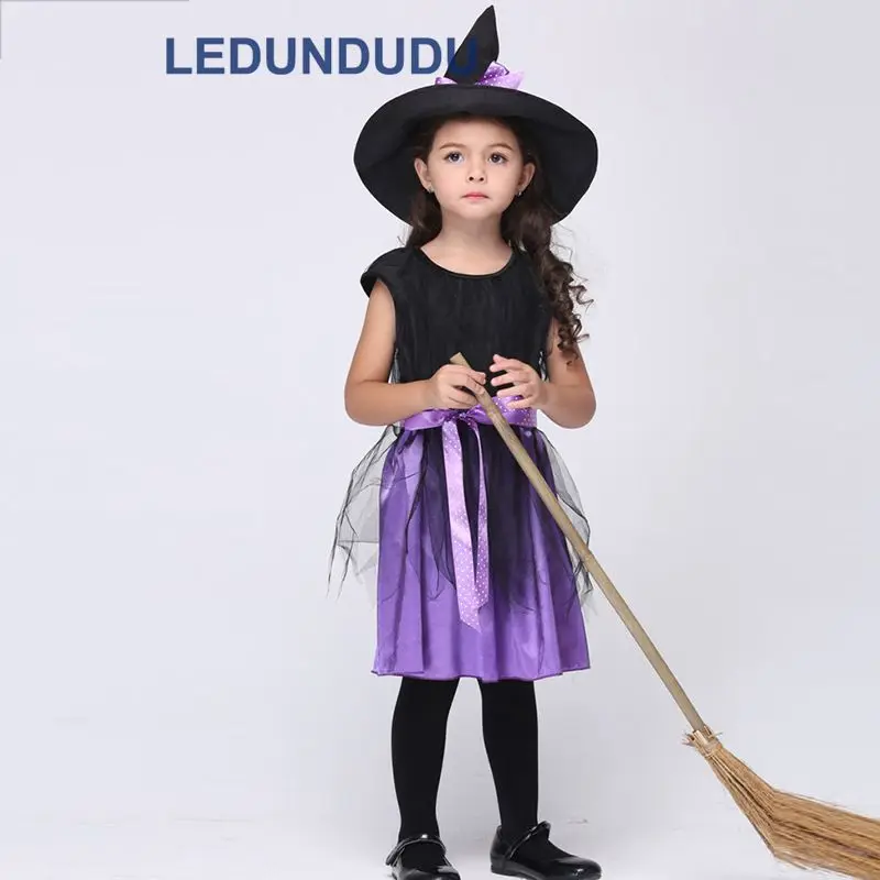 Kids Purple Witch Cosplay Costume with Hat Children Halloween Party Holiday Performance Clothes Girls Black Magic Witch Dress (10)