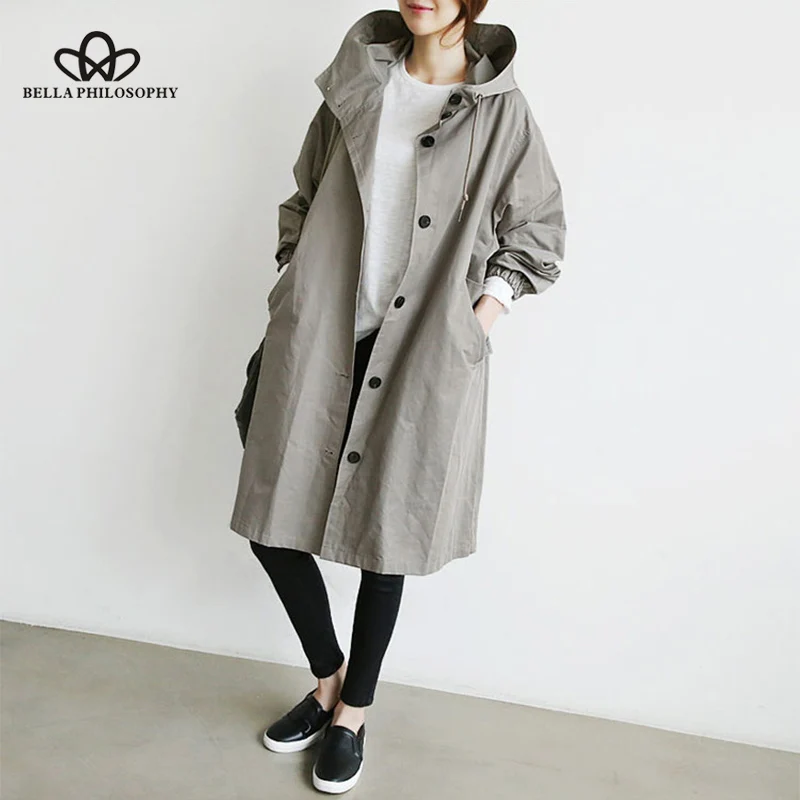 

Bella Philosophy 2019 Spring Solid A-Line Long Trench Women Coat Casual Plus Size Basic Windbreaker Loose England Style Outwear