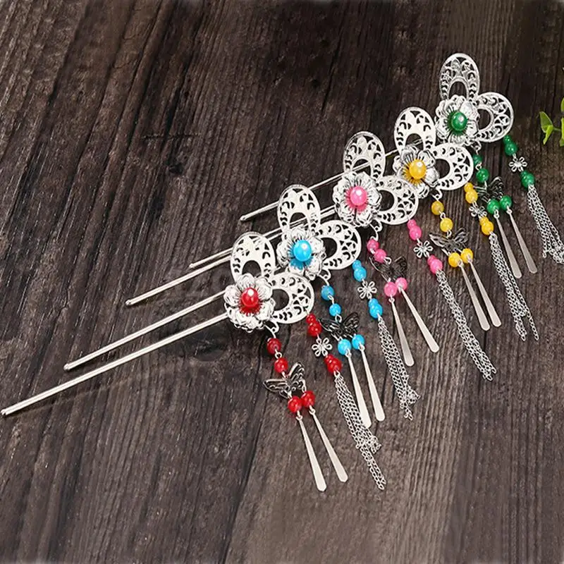 Chinese Traditional Beads Tassels Metal Hair Pin Stick Womens Hair