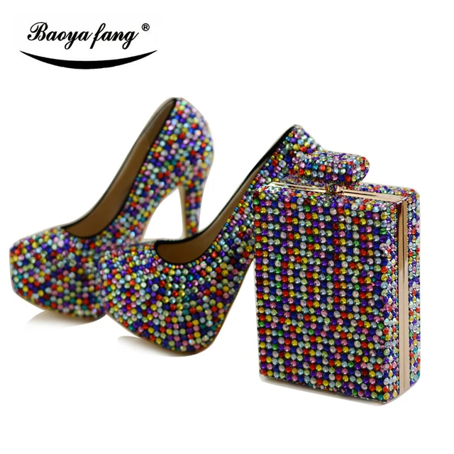 Woman Wedding Shoes With Matching Bags Multicolored Crystal Luxury Woman Wedding Shoes With Matching Bags Multicolored Crystal Luxury Rhinestone Shoe Bridal Bride High