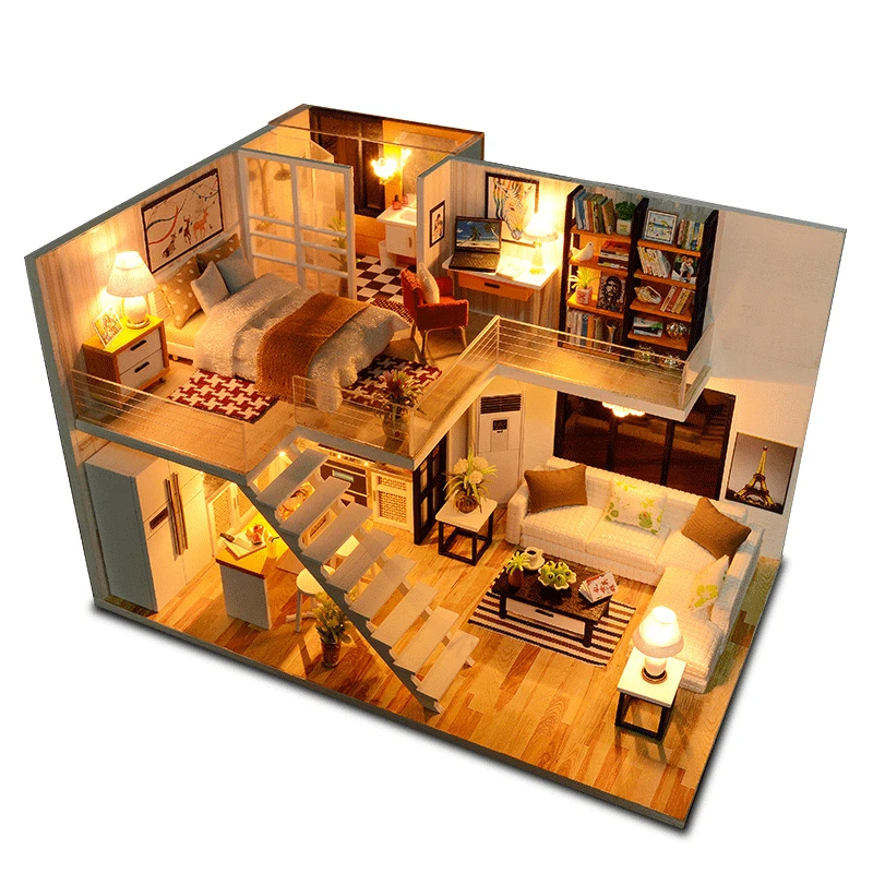 

Cutebee DIY House Miniature with Furniture LED Music Dust Cover Model Building Blocks Toys for Children Casa De Boneca J13