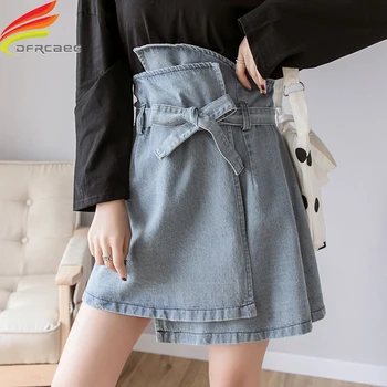 

High Waist One Piece Style Denim Skirts Women With Belt 2019 Black Blue Jeans Skirt Streetwear Lace Up A Line jupe jean femme