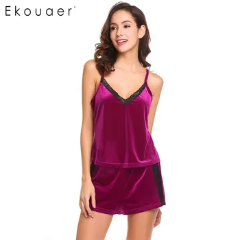 

Ekouaer Casual Women Pajamas Set Spaghetti Strap V Neck Sleeveless Lace Patchwork Top and Shorts Sleepwear Set Sexy Nightwear