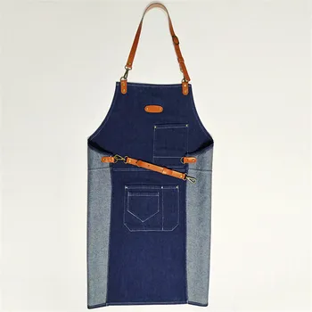 

Denim Kitchen Cooking Apron with Adjustable Cotton Strap Large Pockets Blue Barista Men and Women Homewear