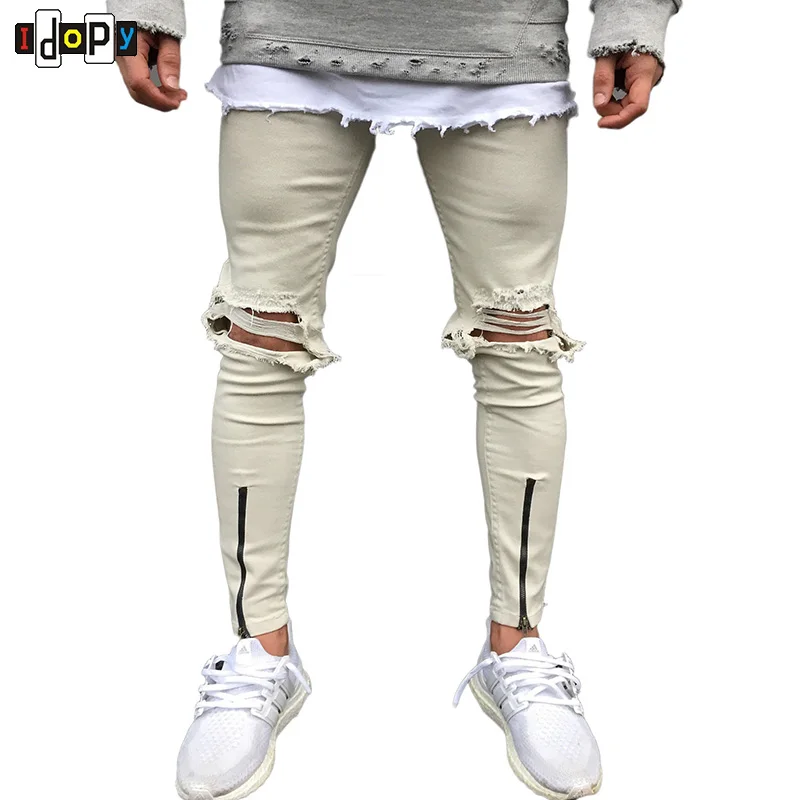 

Hi Street Mens Skinny Jeans Retro Washed Damage Knees Holes Pants Slim Fit Trousers With Zippers