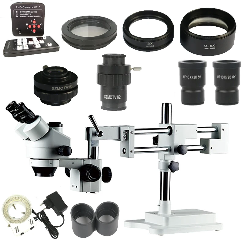 

1080P 60FPS 2K 2100W 21MP HDMI Digital Video Microscope Camera+3.5X-90X Simul-focal Trinocular Stereo Microscope+144 Led lights