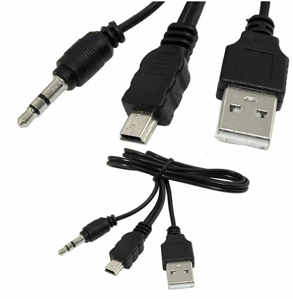 

USB 2.0 Male to Mini B Male and 3.5mm Aux Jack Plug Audio Video Transfer Cable