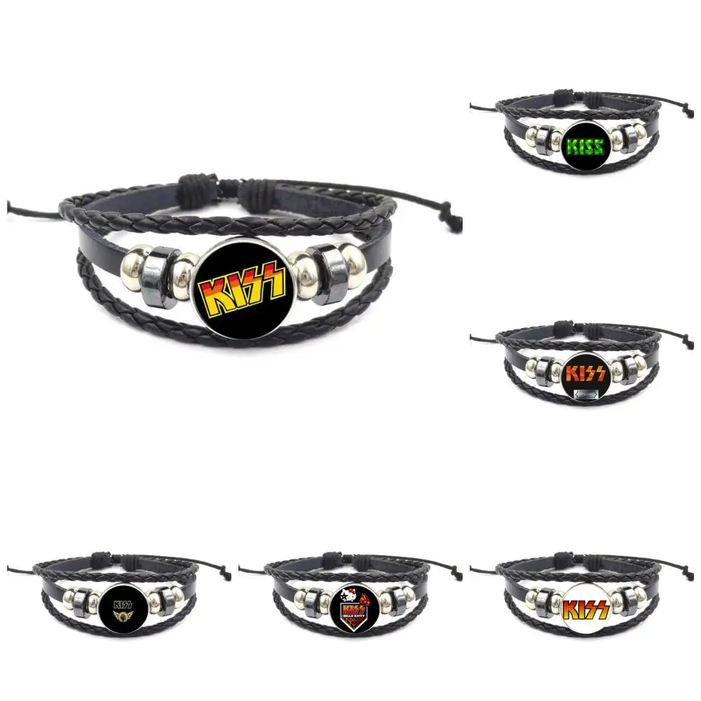 

For Men Women Rock Band Kiss Cheap Fashion Jewelry Black Leather Bracelet Bangle Glass Cabochon