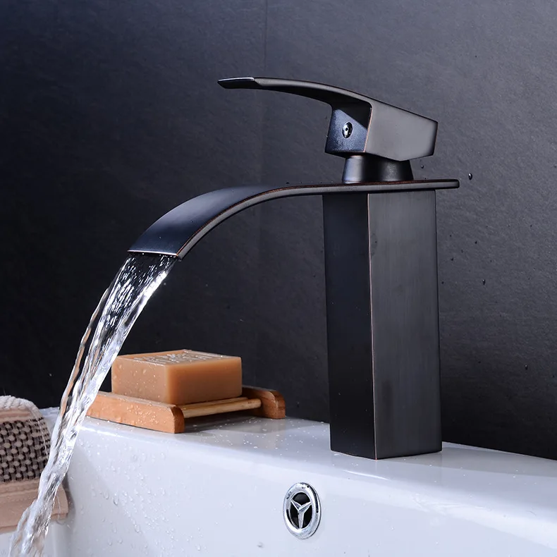 

Natural Curved Waterfall Bench Faucet Black Copper Waterfall Basin Faucet Hot and Cold Mixed Wash Kitchen Faucet SLT65