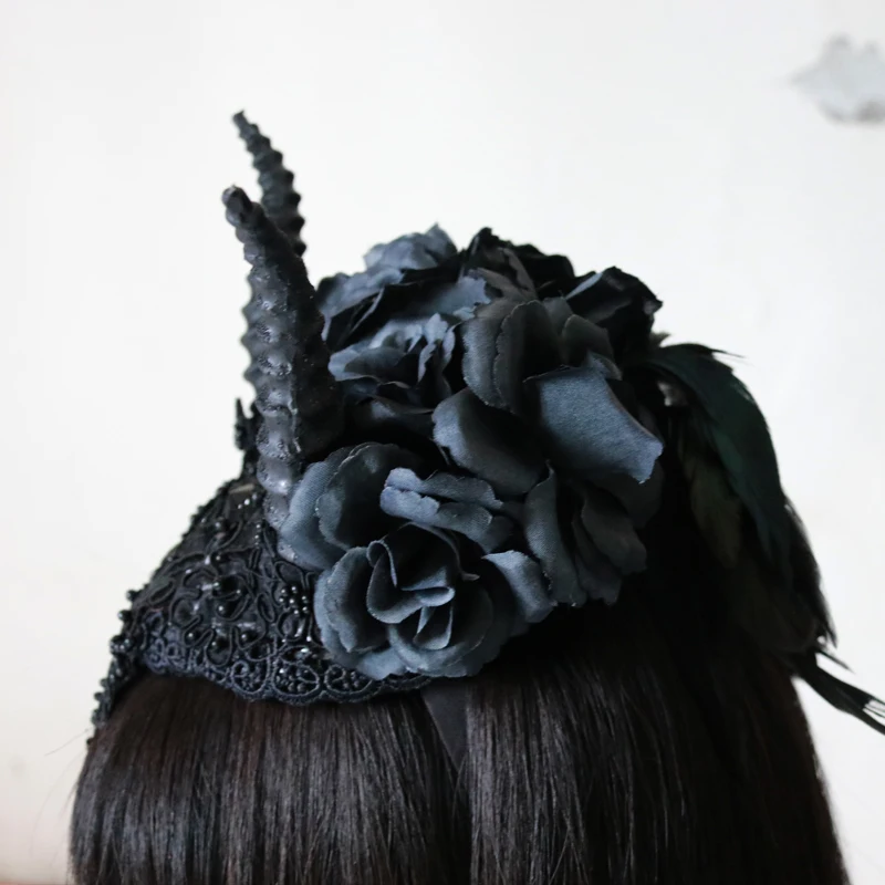 Черный цветок розы панк готический овечий головной убор с рогом злой Косплей костюмы на Хэллоуин для женщин