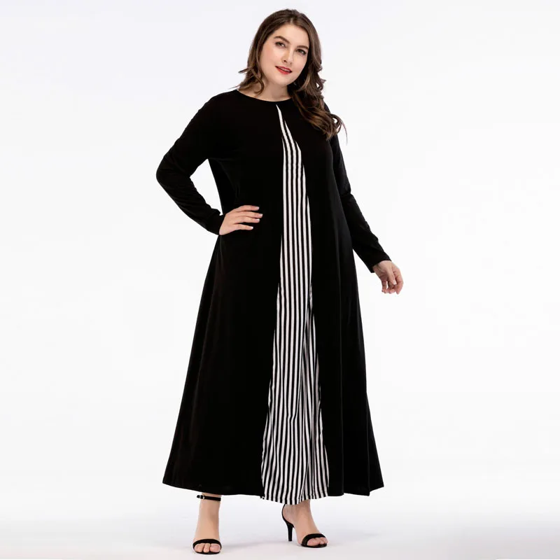 2019 женское осенне-зимнее платье в полоску длинное мусульманское Абая платье с круглым вырезом с длинным рукавом плюс размер 4XL платье