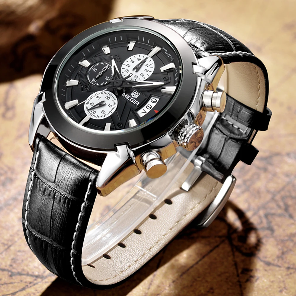 Часы Megir мужские наручные кварцевые с хронографом кожаным ремешком 2020|clock brand|clock