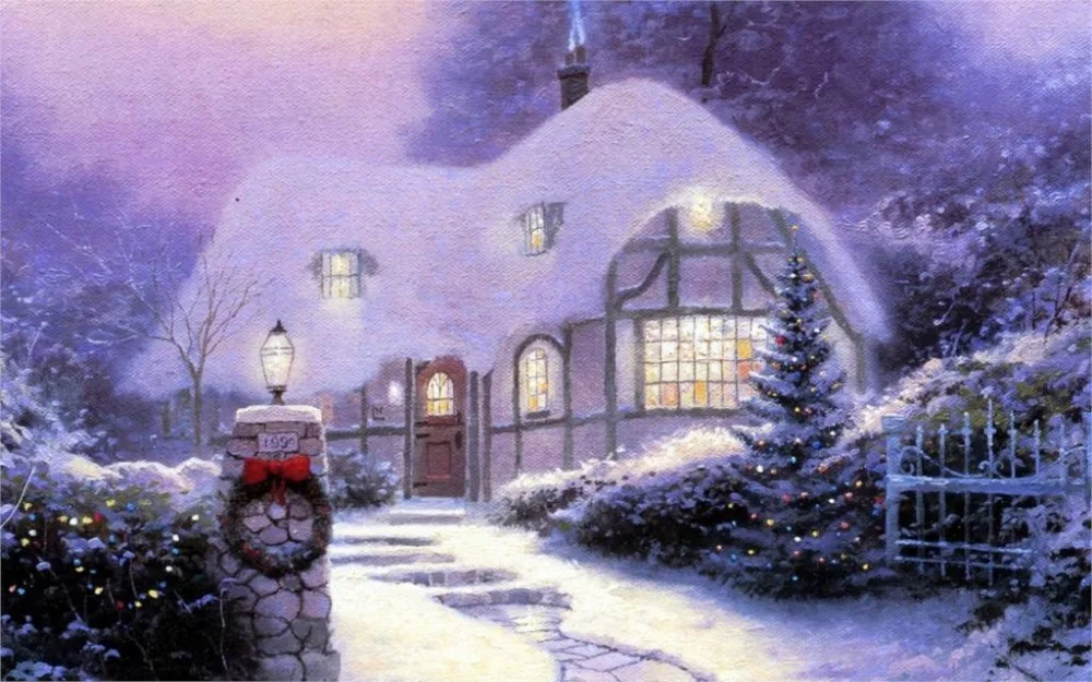 Qunexc-24X36-INCH-ART-SILK-POSTER-Painting-Christmas-Cottage-1990-Thomas-Kinkade-tree-snow 