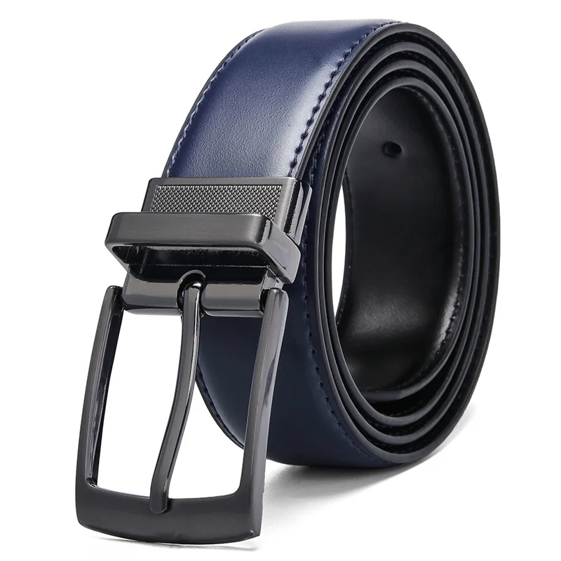 Blue-Black Роскошный модный Мужской Двусторонний кожаный ремень, мужской деловой ремень для брюк, настоящие мужские кожаные ремни для джинсов, синий, темно-коричневый, черный - Цвет: Blue-Black