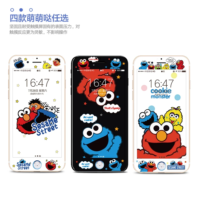 Cute Sesame Street color phone front film for iPhone 7, HD tempered glass screen protector for iPhone 6 6s 7 8 plus + sticker