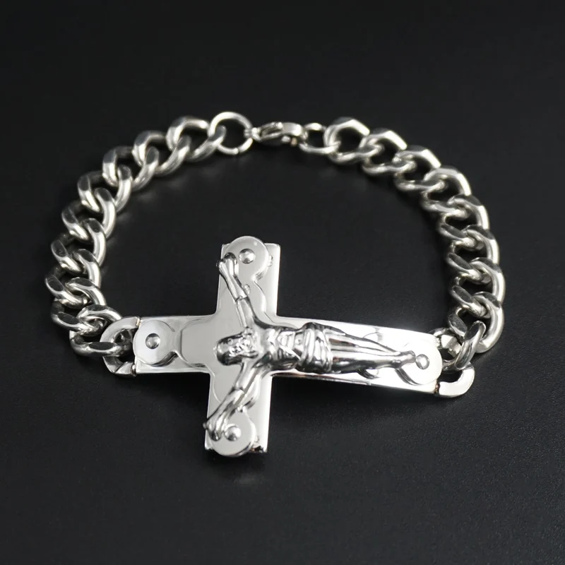 Панк Крест Христос браслет для мужчин католическое Распятие INRI Jesus кусок кубинские звенья цепи браслеты мужские ювелирные изделия из нержавеющей стали подарок