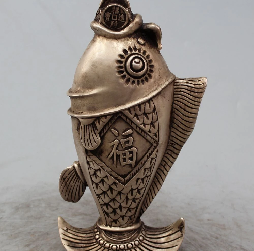 

9" China Chinese Fengshui Silver Money Fish Animal barracuda Statue sculpture