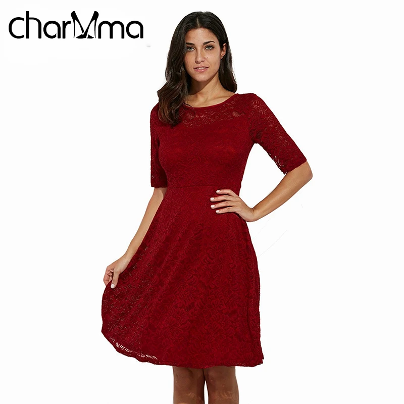 CharMma Girls Vintage Dresses 2016 Autumn Elegant Red Lace Office