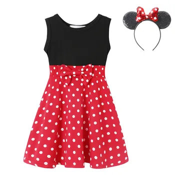 

Toddler Minnie Dress Black Red Dot Patchwork Vest Frock Bow Cartoon Modeling Mickey Costumes Summer Baby Girl Casual Clothing