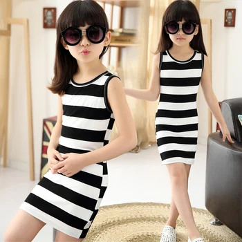 

2019 Children Girls' Summer Dress Black & White Stripes Girls Cotton Dress Kids T-shirt Dress for Teen Girls Vest Dress Vestido