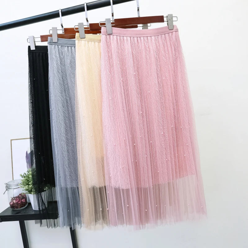 

Azterumi Spring 2019 Women Sweet Beading Mesh Skirt Women's High Waist Tassel Streetwear Skirts Apricot Pink Black Light Blue