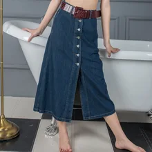 SEJIAN 2017 Women’s Casual Denim Skirt High Waisted Flared A Line Denim Skirt Long Jean Skirts Button Blue Summer skirts 52120
