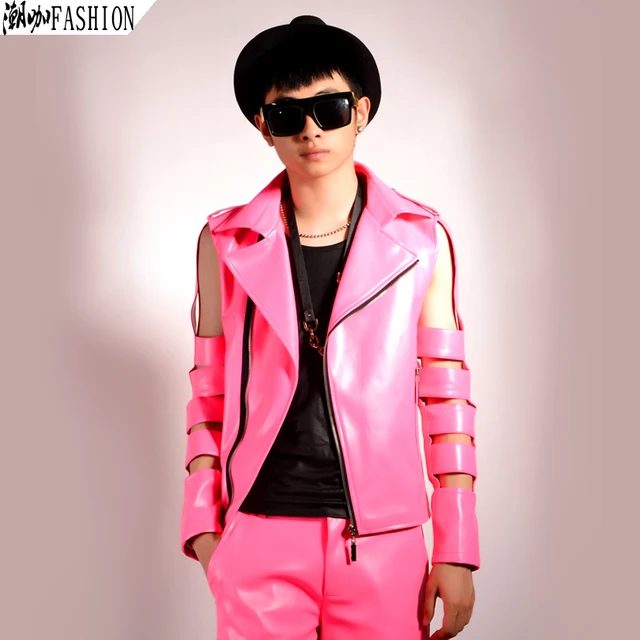 Men's VEST ! Super pink sleeves vest motorcycle leather
