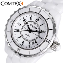 COMTEX Femmes de Montres En Céramique Blanche Montre-Bracelet À Quartz Calendrier Imperméable bandes de montre Dames robe montre pour femmes horloge reloj