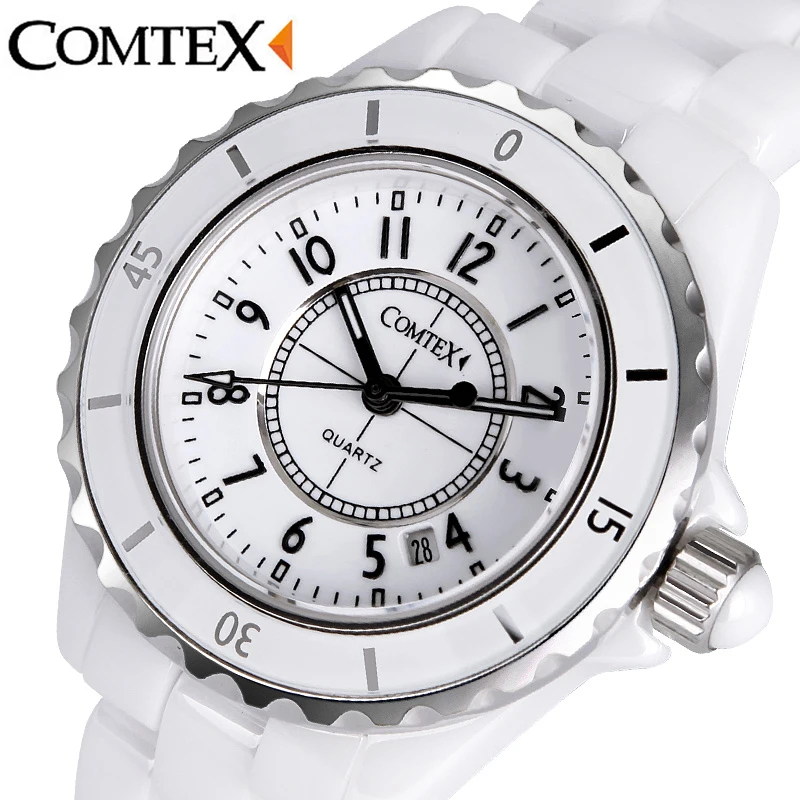 Prix pour Comtex femmes de montres en céramique blanche montre-bracelet à quartz calendrier imperméable bandes de montre dames robe montre pour femmes horloge reloj Prix pour Comtex femmes de montres en céramique blanche montre-bracelet à quartz calendrier imperméable bandes de montre dames robe montre pour femmes horloge reloj