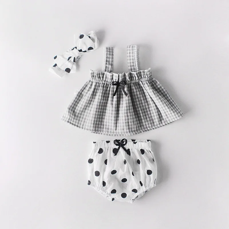 

2019 INS Toddler Infant Kids Girls Plaid Sets&dot Shorts&headband Kids 3pcs Sets Sweet Pincess Children Clothings