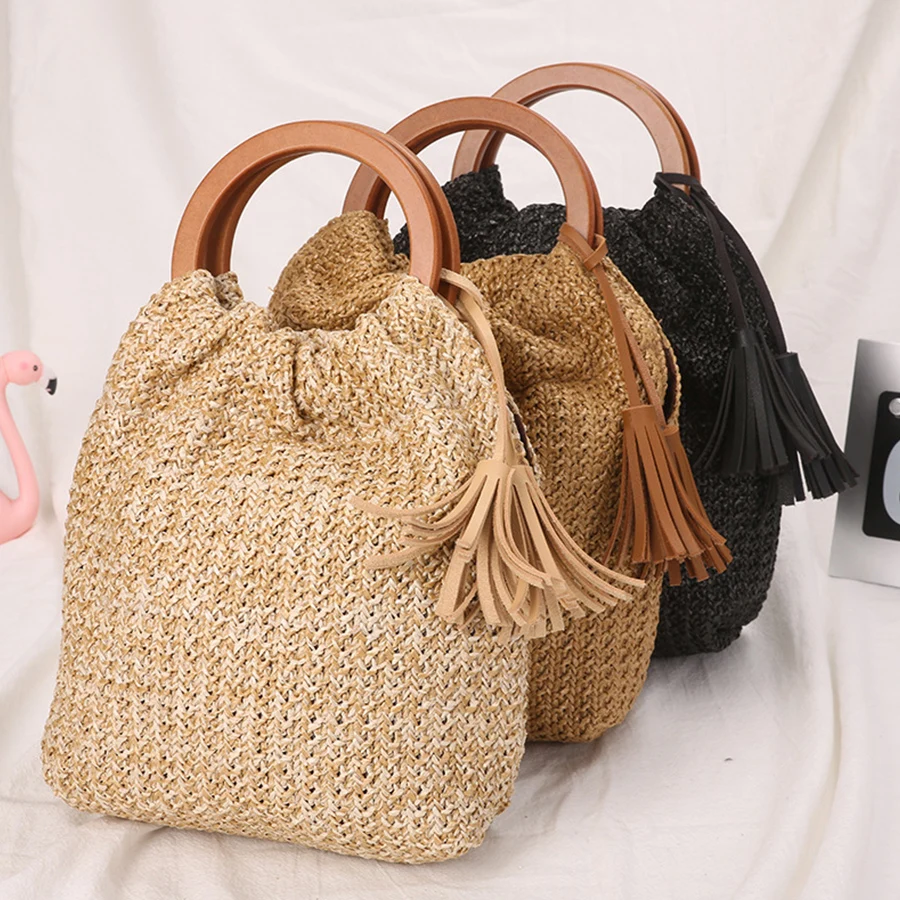 القش حقيبة أعلى-حقائب بيد 2019 جديد الصيف شرابة المرأة حقيبة بوهيميا حقائب جولة مقبض الروطان حقائب منسوجة Sac الرئيسية