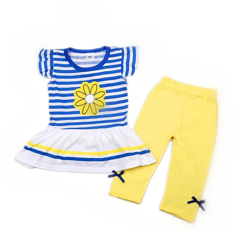 

2019 Summer Girls Cartoon Daisy Print Short Sleeve Set Baby Girl Clothes Striped Stitching Top+Solid Color Shorts Suit 1-8Y