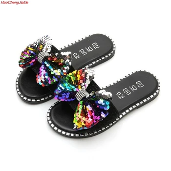 

New Kids Slippers Summer Beach Children Sandals Bow Sequins For Family Shoes Fashion Barefoot Flats Girls Slipper For Party