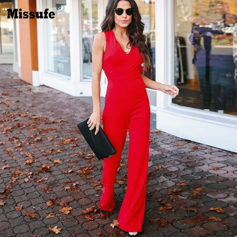 

Missufe Summer Elastic Waist Rompers Sexy Deep V Neck Straight Jumpsuit Red Cross Back Long Playsuit Party Overalls For Women