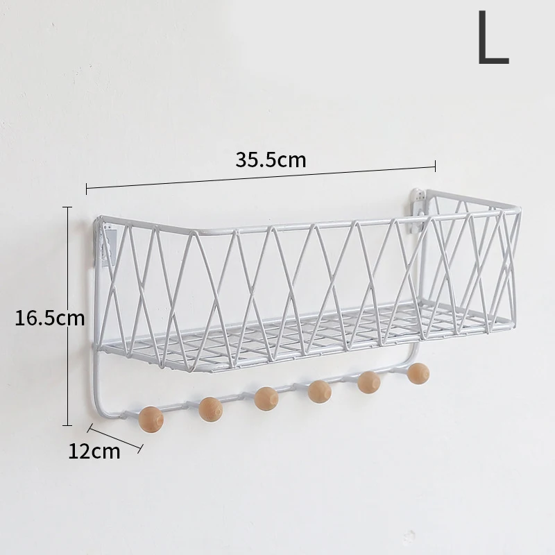 Настенная декоративная стойка для хранения с крюком, комбинированная подвесная корзина из кованого железа, многофункциональный крючок, полка для спальни, Домашний Органайзер - Цвет: White large