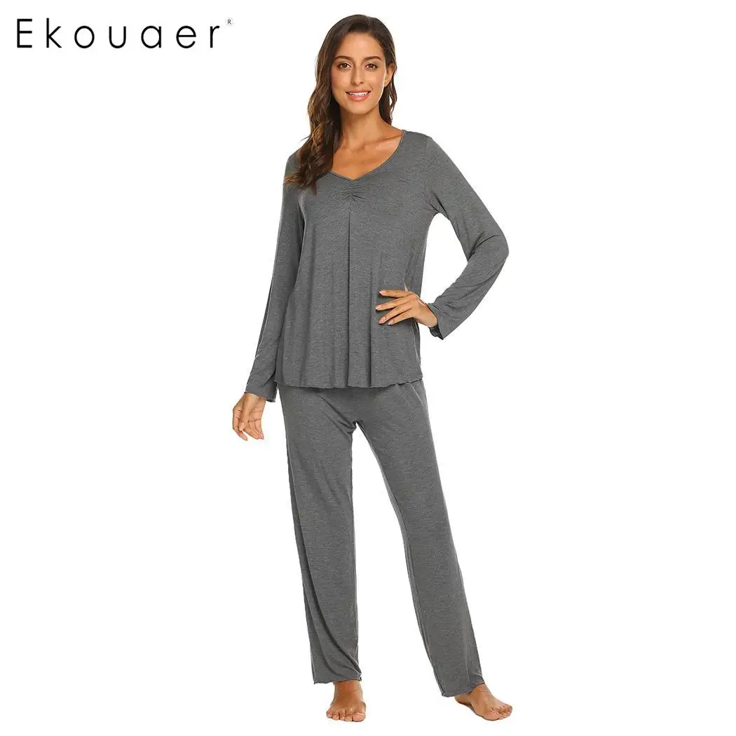 

Ekouaer Autumn Winter Women Pajamas Sets Nightwear Long Sleeve V-Neck Ruched Long Pants Pyjamas Set Female Sleepwear Pajamas