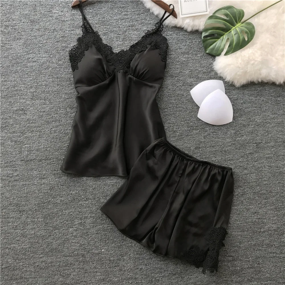 Lady Sexy Satin Night Robe Dress Lace Strap Shirt&Shorts 2PCS Sleep Suit Sleepwear Nightwear Sling Lingerie Underwear Set