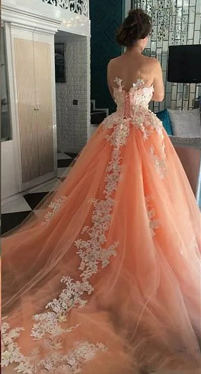 illusion-high-neck-peach-color-lace-appliqued-ball-gown-prom-ress-with-detachable-train-vintage-ball-gowns