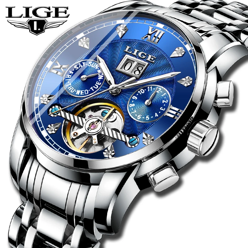 

LIGE Top Brand Luxury Men's Watch Business Stainless Steel Automatic Mechanical Watch Fashion Waterproof Chronograph Men's Watch