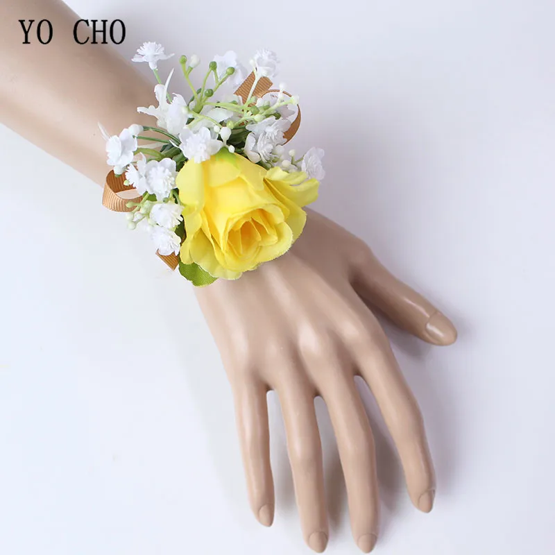 Boutonniere Flowers wedding wrist corsage flowers silk roses yellow  (16)