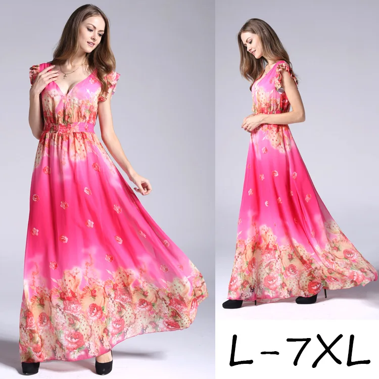 

2019 European style V collar plus size printed chiffon dress women's summer large size long dress 6XL 7XL floral printing dress