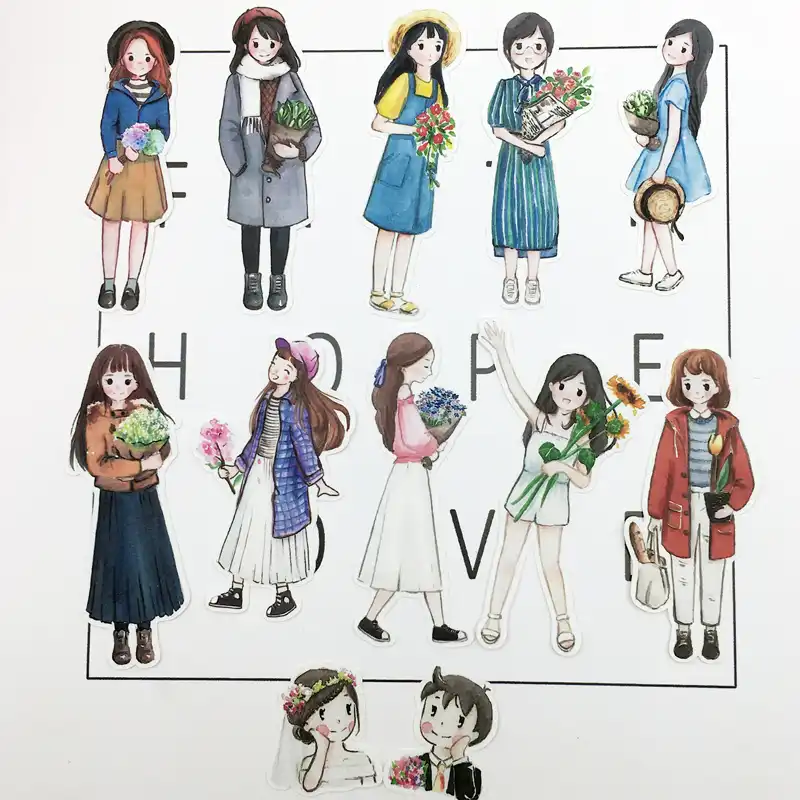 28pcs Hand Drawing Watercolor cute girls Planner journaling stickers